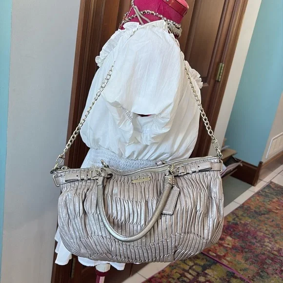 CoachMadison Sophia leather gatheredsilver graySatchel shoulder bag18620